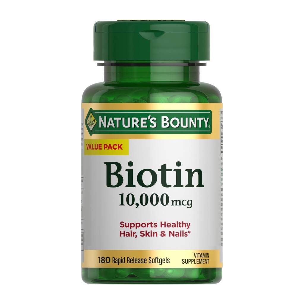 Nature's Bounty Biotin Hair Skin and Nails Βιταμίνες, Υποστηρίζει υγιή μαλλιά, δέρμα και νύχια, 10.000 mcg, Rapid Release Softgels, 180 Ct