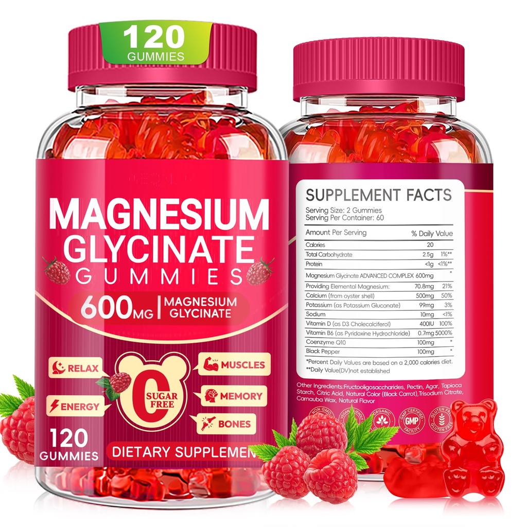 Magnesium Glycinate Gummies 600mg, Sugar Free Magnesium Gummies for Adults, Chewable Potassium Supplements for Body Support, Zzz and Relaxation, 120 Count