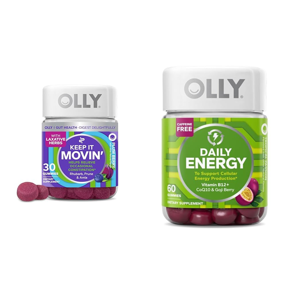 OLLY Relief δυσκοιλιότητας 30ct, Energy Gummy 60ct - Rhubarb Prunes Amla Berry, B12 CoQ10 Goji Tropical