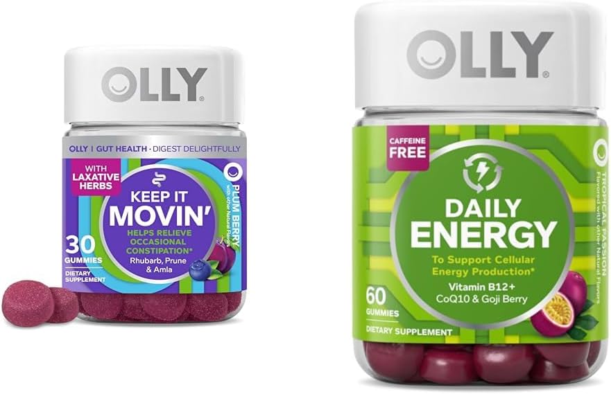 OLLY Relief δυσκοιλιότητας 30ct, Energy Gummy 60ct - Rhubarb Prunes Amla Berry, B12 CoQ10 Goji Tropical