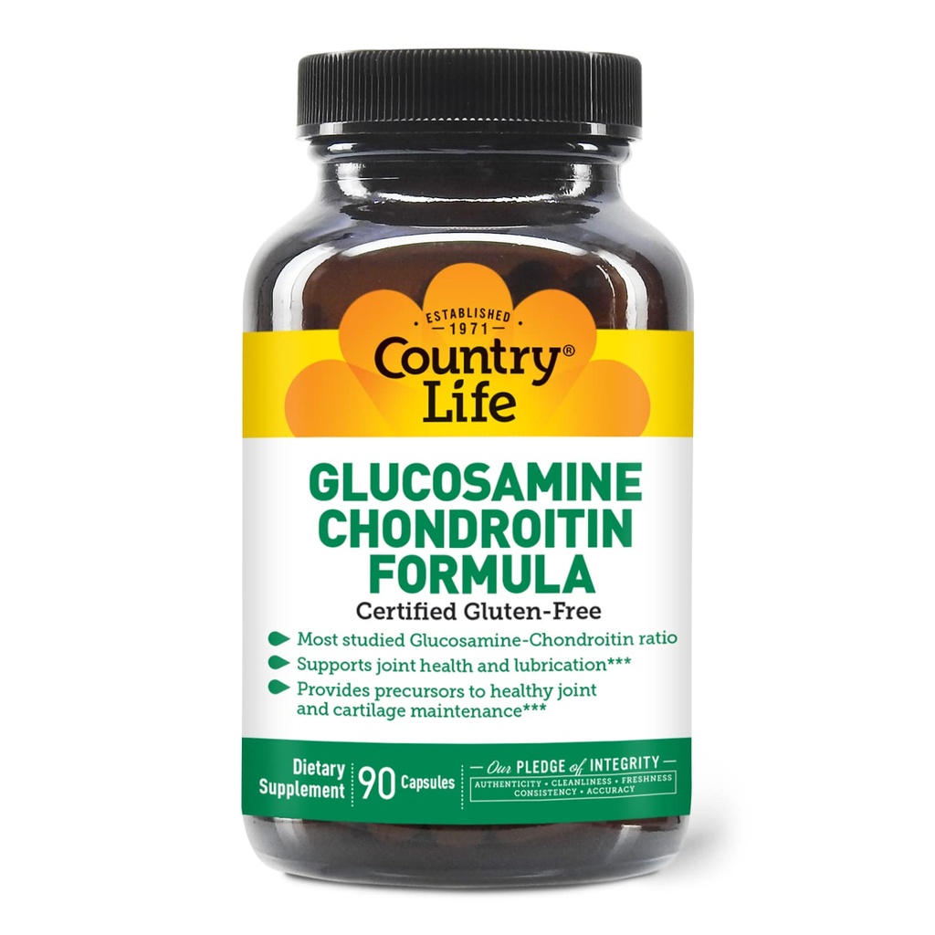 Country Life Glucosamine Chondroitin 1500mg/1200mg - Υποστηρίζει Κοινή Υγεία & Λιπαντική - Διατηρεί υγιή Cartilage, Tendon, Joint Tissue - Χωρίς γλουτένη, Μη ΓΤΟ - 90 Κάψουλες - για Ενήλικες