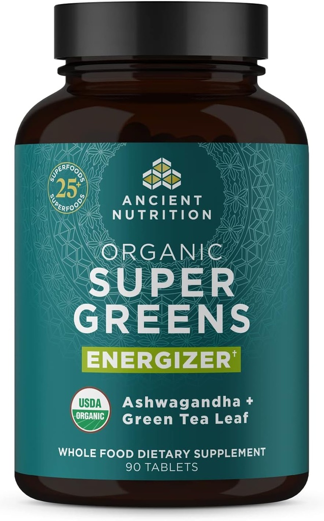 Organic Nutrition Supergreens Energizer Tablets, Βιολογικά Superfood Tablets με καφεΐνη, Κατασκευασμένα από πραγματικά φρούτα, λαχανικά και βότανα, για την υποστήριξη Digestive και ενέργειας, 90 Count