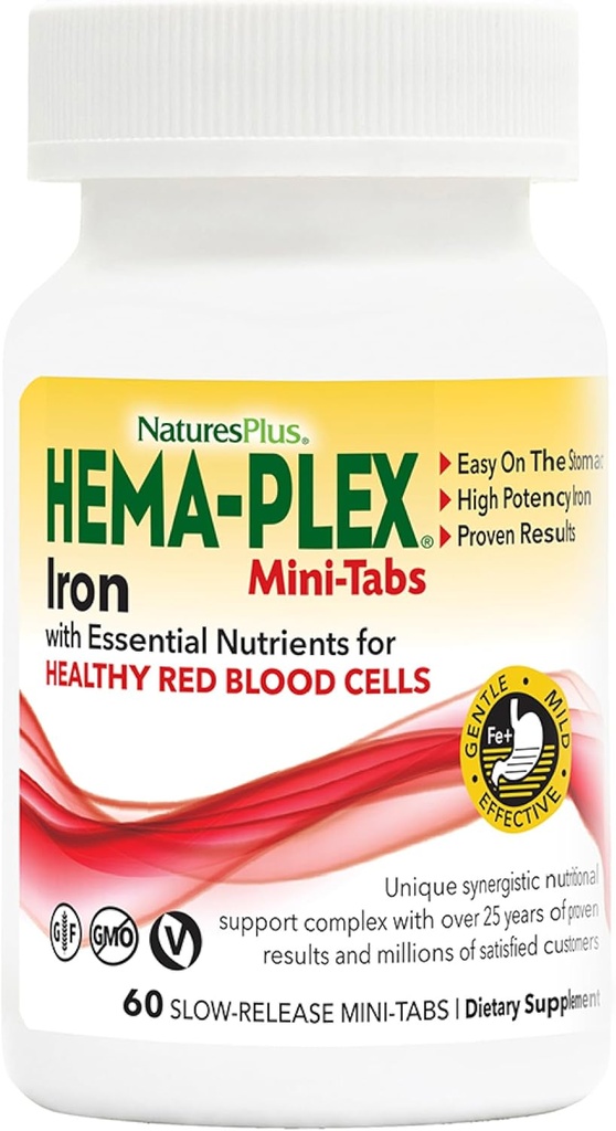 NaturesPlus Hema-Plex Iron - 60 Slow-Release Mini-Tabs - 2 Pack - 85 mg Chelated Iron - Ολική Υγεία του Αίματος - με Βιταμίνη C & Bioflavonoids - Vegan, Χωρίς Γλουτένη - 60 Σύνολο Μερίδες