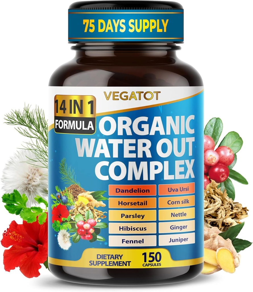 VEGATOT Organic Water Out Complex - 14-σε-1 Formula - με Dandelion Uva Ursi Horsetail Καλαμπόκι μεταξιού Passley Nattle Hibiscus Ginger