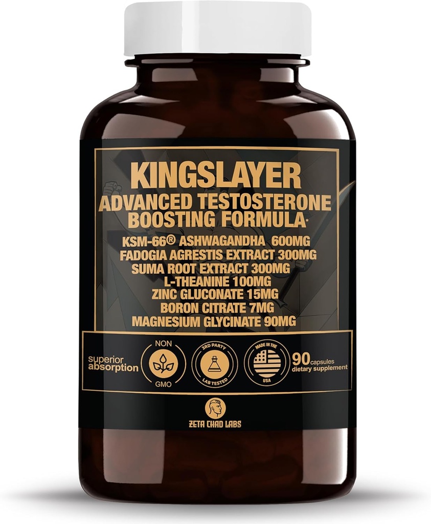 Kingslayer: 7-σε-1 Booster τεστοστερόνης για τους άνδρες w/KSM-66, Fadogia, Suma Root, L-Θεανίνη, ψευδάργυρος, βόριο, μαγνήσιο – Μυς, ενέργεια, Libido & Focus