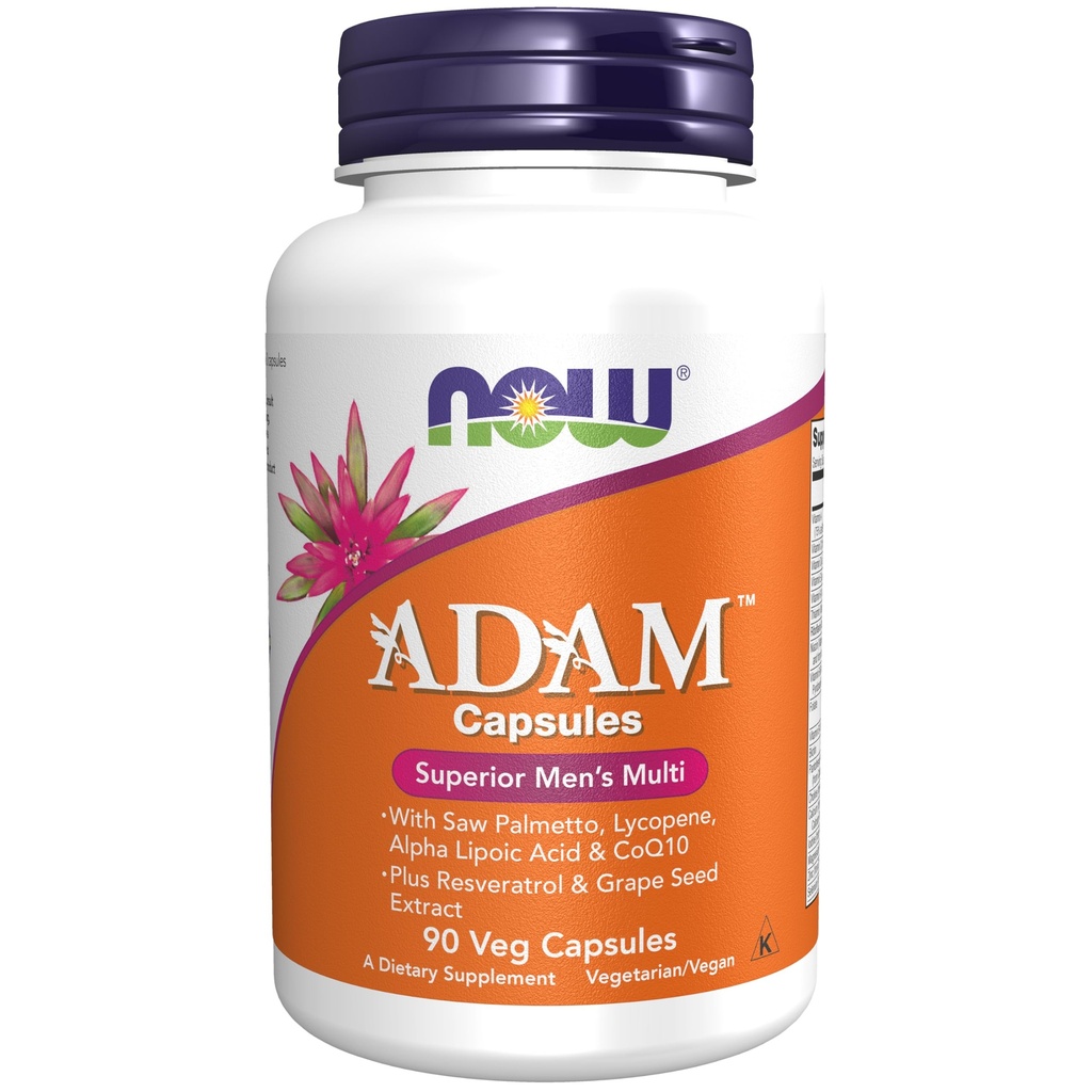 NOW Foods Συμπληρώματα, ADAMTM Ανδρική Πολυβιταμίνη με Saw Palmetto, Lycope, Alpha Lipoic Acid και CoQ10, Plus Natural Resveratrol & Grape Seed Extract, 90 Veg Κάψουλες