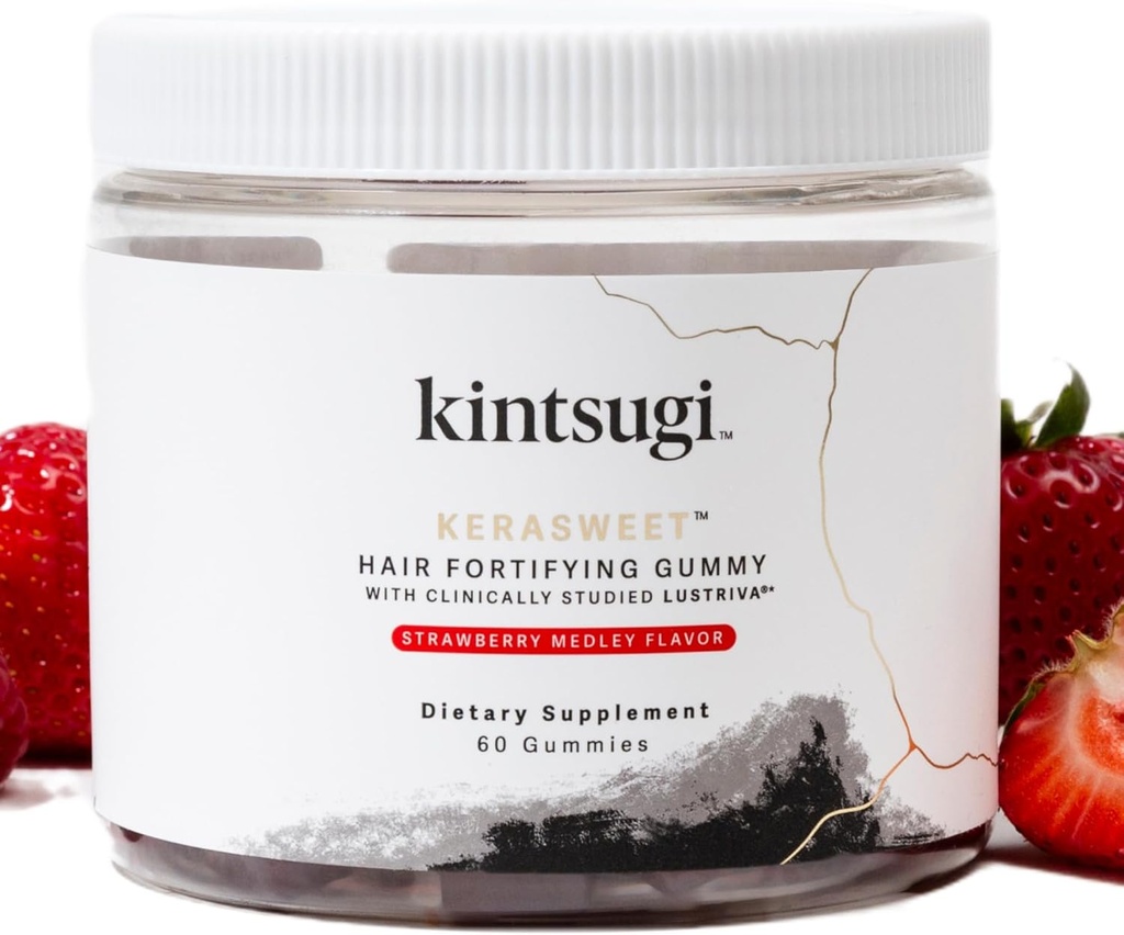 Kintsugi KeraSweet Hair Fortifying Gummy- Help Combat Signs of Γήρανση μαλλιών, συμπλήρωμα για ισχυρή, ογκώδη Strands- Υποστηρίζει υγιή, Fuller Looking Hair w/ B12, Saw Palmetto, ACV (Strawberry, 60ct)