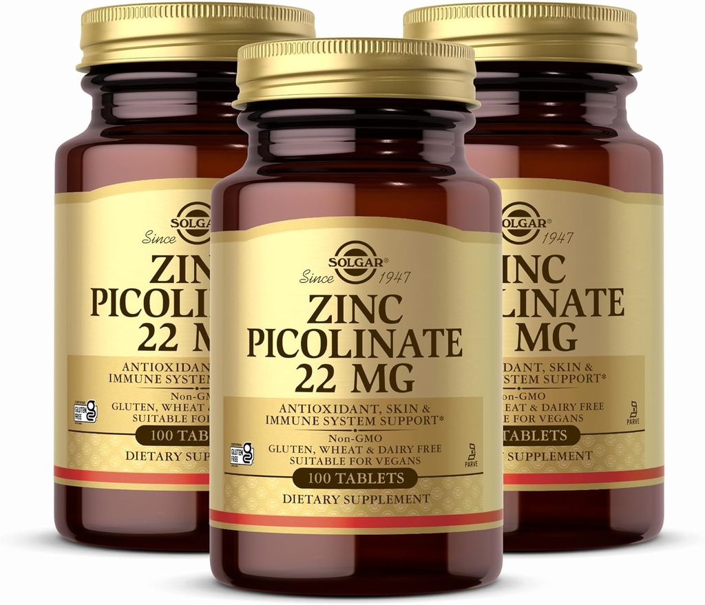 Solgar Zinc Picolinate 22 mg, 100 δισκία (πακέτο των 3) - Προάγει το υγιές δέρμα - Υποστηρίζει το ανοσοποιητικό σύστημα, την κανονική γεύση & όραση - Αντιοξειδωτικό - Μη ΓΤΟ, Vegan, Χωρίς γλουτένη, Kosher - 300 Σύνολο Σερβίρει