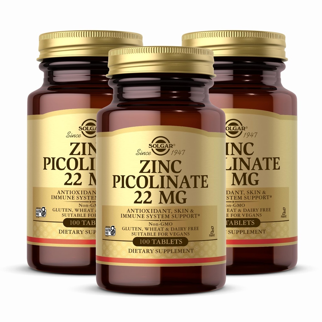 Solgar Zinc Picolinate 22 mg, 100 δισκία (πακέτο των 3) - Προάγει το υγιές δέρμα - Υποστηρίζει το ανοσοποιητικό σύστημα, την κανονική γεύση & όραση - Αντιοξειδωτικό - Μη ΓΤΟ, Vegan, Χωρίς γλουτένη, Kosher - 300 Σύνολο Σερβίρει