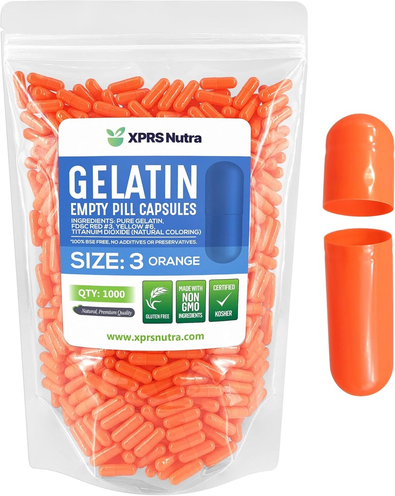 XPRS Nutra Μέγεθος 3 Κενές κάψουλες - 1000 Count Empty Gelatin Κάψουλες - Χάπια DIY Καψάκιο Γέμισμα - Αγνά καπάκια τζελ Μπόβιν Χάπι Γέμισμα για Do-It-Yourself Βιταμίνες και Συμπληρώματα (Orange)
