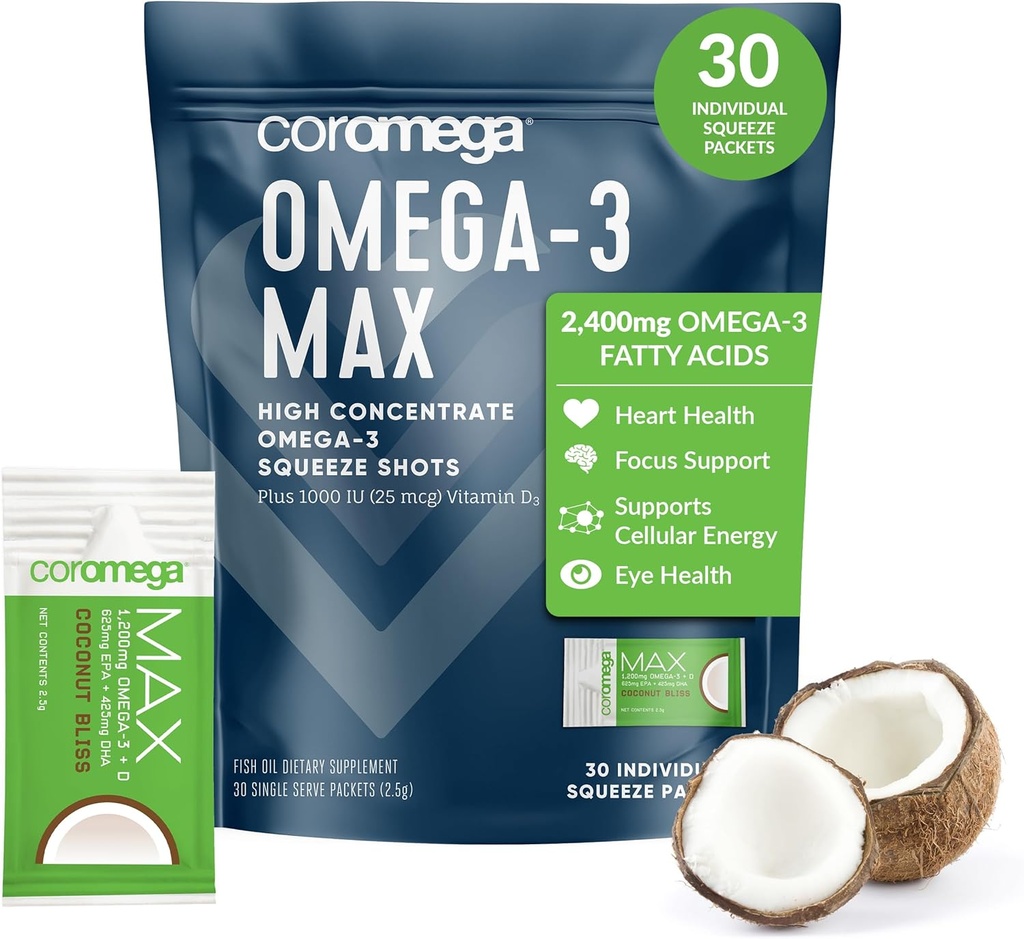 Coromega MAX 2400mg Ωμέγα-3 Fish Oil + Βιταμίνη D Squeeze Packets, Wild-Caught, No Fishy Taste - 3X Καλύτερη Απορρόφηση από Softgels, Υποστηρίζει την υγεία του εγκεφάλου και της καρδιάς (30 υπηρεσίες, καρύδα Bliss)