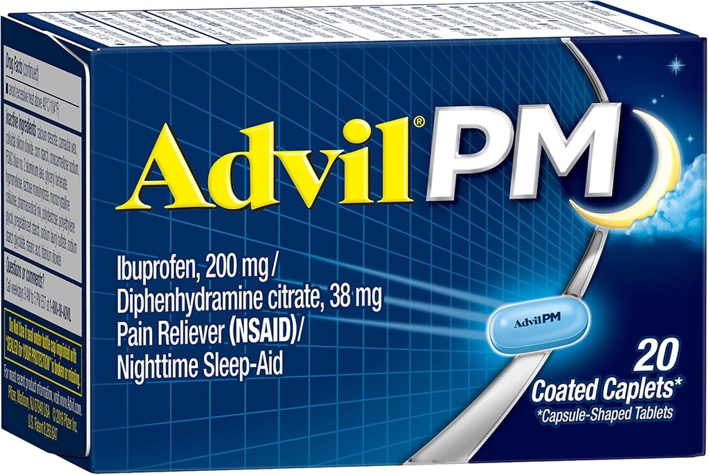 Advil PM (20 κόμης) Πόνου Reliever / Nighttime Sleep Aid Coated Caplet, 200mg Ibuprofen, 38mg Διφαινυδραμίνη