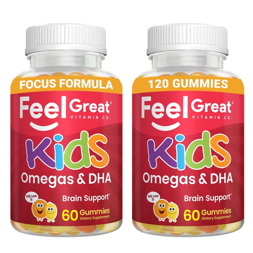 Νιώστε τις Μεγάλες Βιταμίνες Παιδιά DHA Gummies με Ωμέγα 3 6 9, Βιταμίνη C (2-πακέτο) 