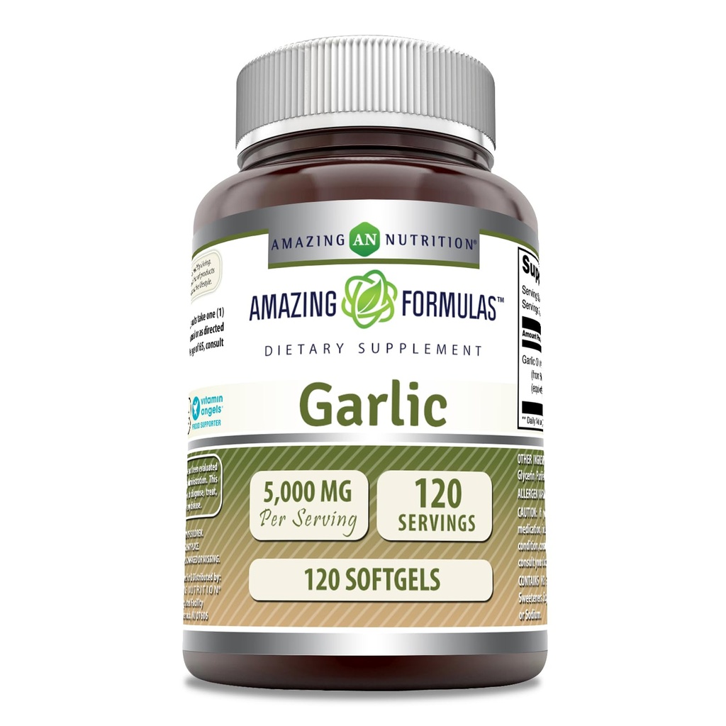 Amazing Formulas Garlic Supplement | 50 Mg Concentrate (100:1) | 5000 Mg Equivalent | 120 Softgels | Non-GMO | Gluten-Free | Made in USA