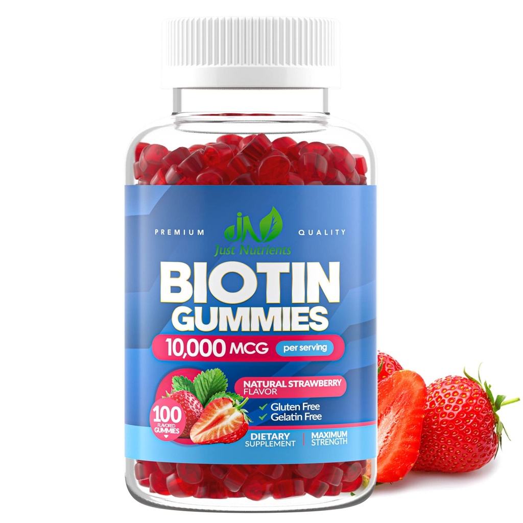 Biotin 10.000mcg Gummies for Women & Men (100 Count) - 2x Μέγιστη δύναμη Βιοτίνη για την ανάπτυξη των μαλλιών, το δέρμα & τα νύχια - Χωρίς γλουτένη, Vegan, μη GMO, Μεγάλη γεύση φράουλας - 100 Gummies