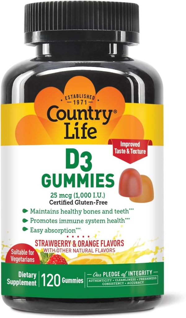 Country Life Strawberry & Orange D3 Gummies, 120 CT