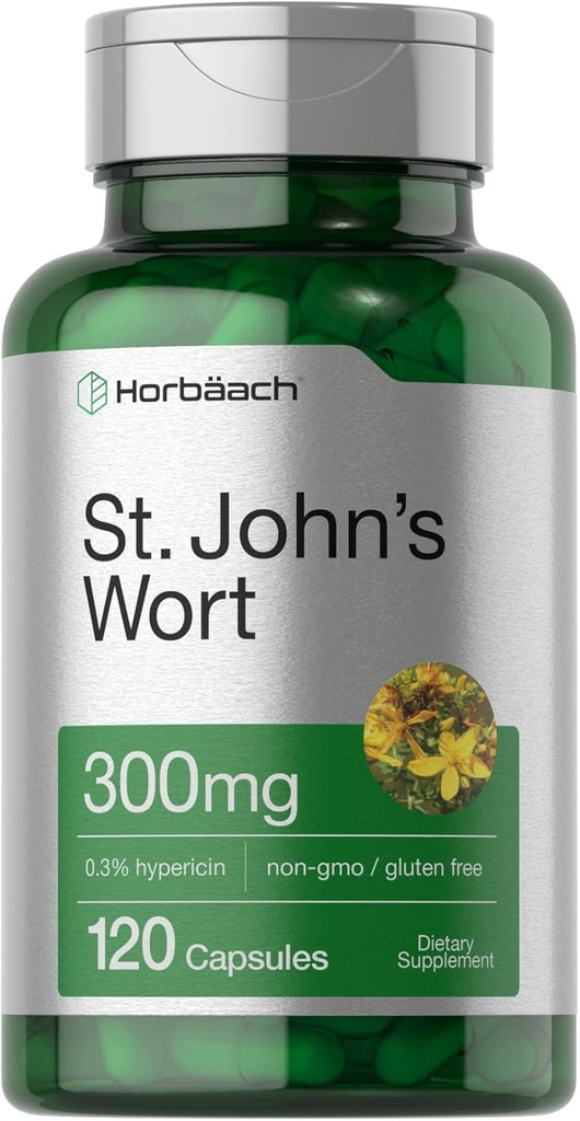 Horbäach St John's Wort Capsules 300mg | 120 Count | Non-GMO, Gluten Free | Herbal Extract