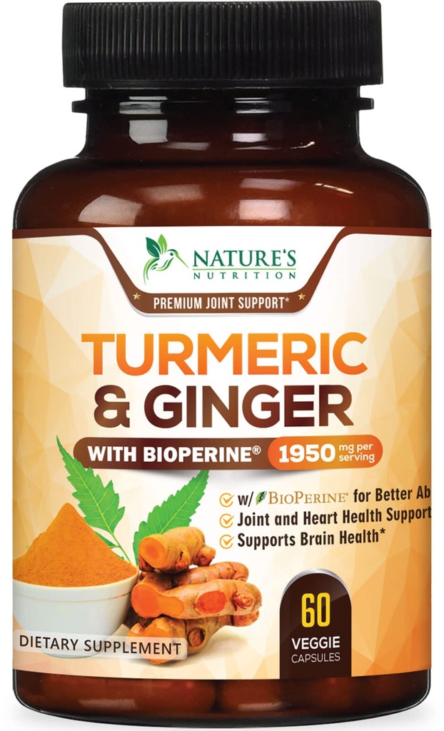 Turmeric Curcumin Supplement 1950mg - 95% Κουρκουμινοειδή με Βιολογικό Κουρκουμερικό & Τζίντζερ, BioPerine Μαύρο Πιπέρι για Καλύτερη Απορρόφηση, Vegan Κοινή Υποστήριξη της Φύσης, Μη-ΓΤΟ, Εμφιαλωμένο στις ΗΠΑ - 60 Κάψουλες