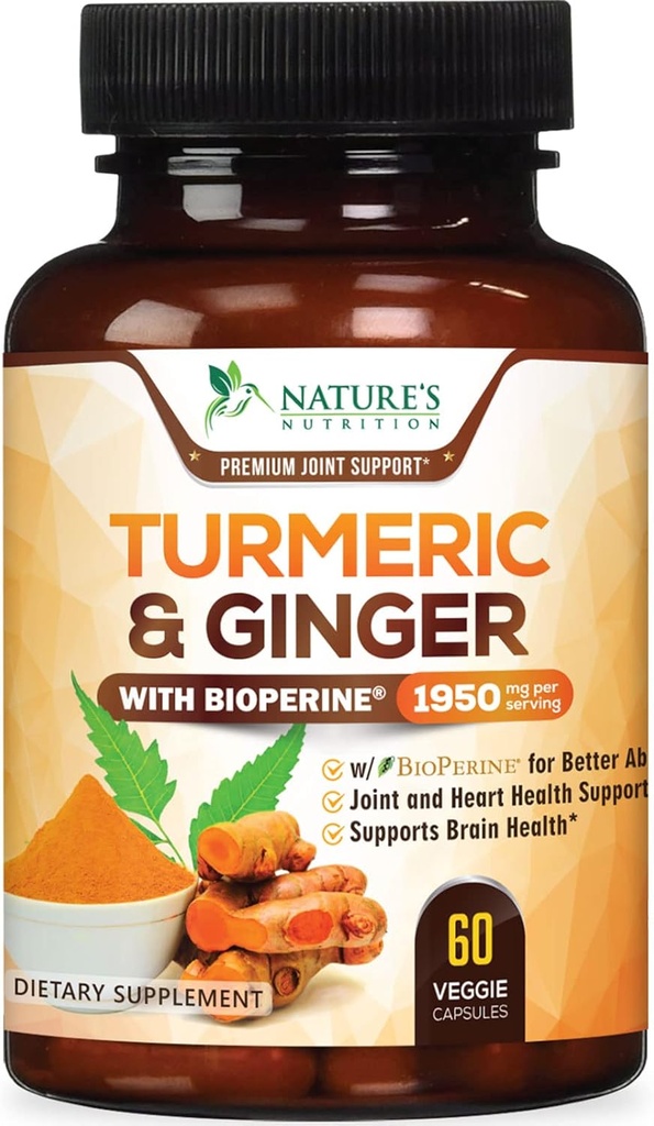 Turmeric Curcumin Supplement 1950mg - 95% Curcuminoids with Organic Turmeric & Ginger, BioPerine Black Pepper for Best Absorption, Nature's Vegan Joint Support, Non-GMO, Bottled in USA - 60 Capsules