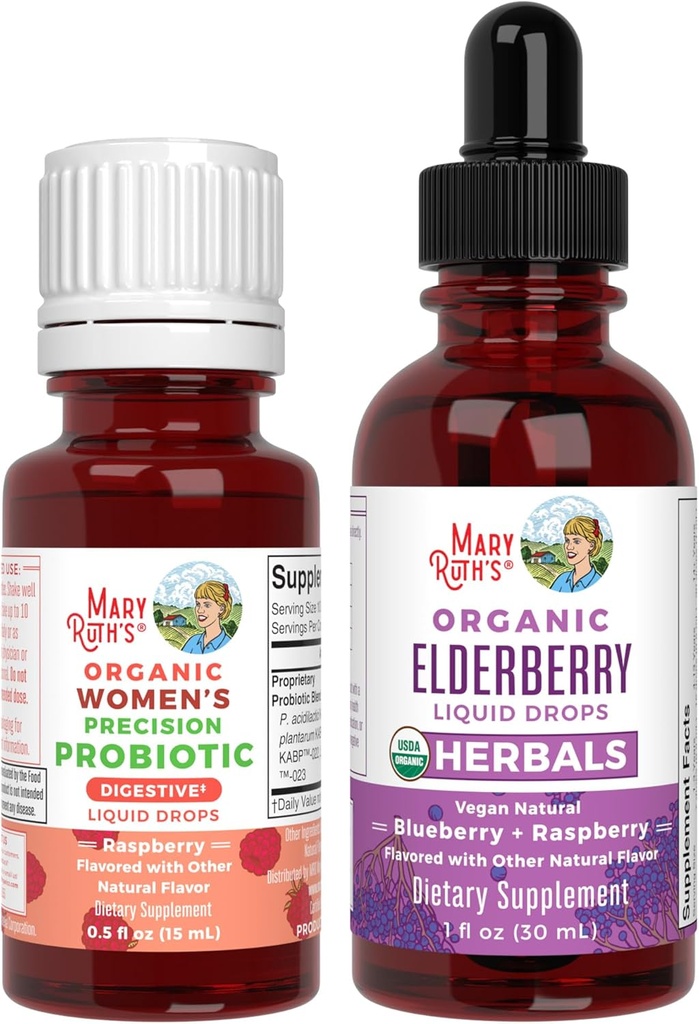 MaryRuth Organics Probiotic ακρίβειας για τις γυναίκες (Raspberry) & Elderberry Drops (Blueberry) 
