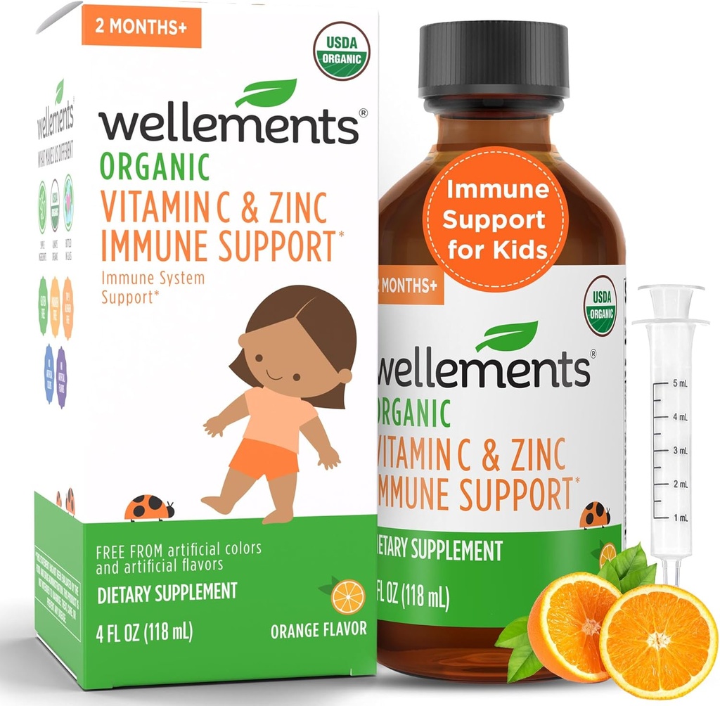 Wellements Organic Vitamin C & Zinc Immune Support* Supplement for Children 2 Months+ | USDA Organic, Free from Dyes, Paragons & Top 9 Most Common Allergens, Orange Flavor, (4 Fl Oz)