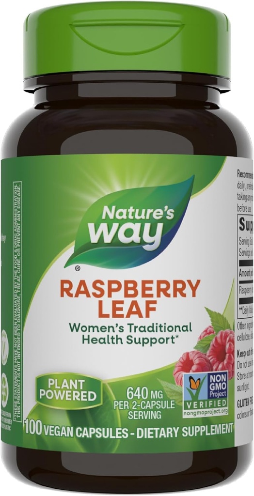 Nature's Way Raspberry Leaf, Traditional Support for Women's Health*, 640 mg ανά 2-Capsule Serving, Vegan, Non-GMO Project Επαληθευμένο, 100 κάψουλες (Packing May Vary)