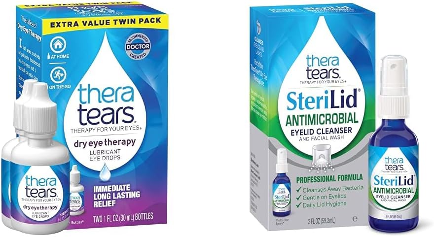 TheraTears Θεραπεία ξηρών ματιών Λιπαντικές σταγόνες ματιών για ξηρά μάτια, 1 fl oz μπουκάλι Twin Pack & SteriLid eyelid καθαρισμού και πλύση προσώπου, για ερεθισμένα μάτια, 2 fl oz σπρέι