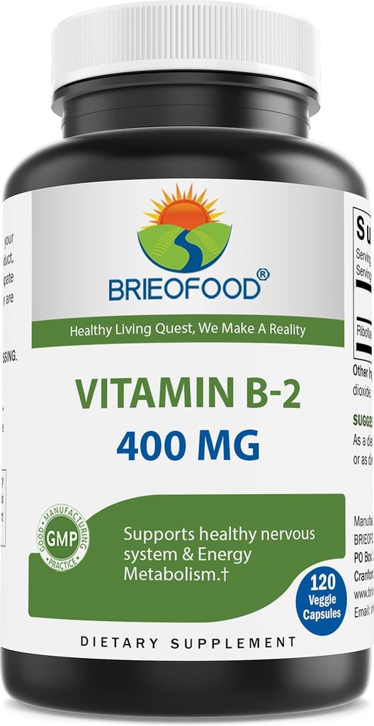 Brieofood Vitamin B2 (Riboflavin) 400mg, 120 κάψουλες λαχανικών - Χωρίς γλουτένη, μη ΓΤΟ