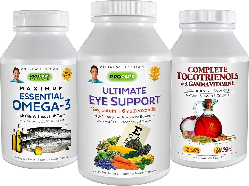 ANDREW LESSMAN 3 Product Eye Health Bundle - 360 Softgels Κάθε ένα από Ultimate Eye Support, Maximum Essential Omega-3 και Complete Tocotrienols. Προωθεί και υποστηρίζει την υγεία των ματιών.