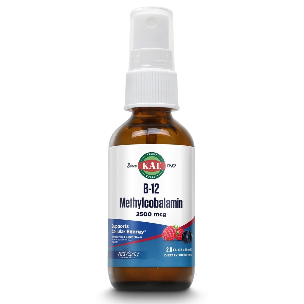 KAL Βιταμίνη B12 Μεθυλοκοβαλαμίνη ActivSpray 2500mcg, Υγιεινή Ενέργεια, Μεταβολισμός, Νεύρο & Κόκκινο Αίμα Υποστήριξη, * Υγρό ταχείας δράσης B12, Μέγιστη Απορρόφηση, Φυσικό Berry Γεύση, 80 Μερίδες, 2 fl oz