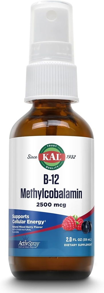 KAL Βιταμίνη B12 Μεθυλοκοβαλαμίνη ActivSpray 2500mcg, Υγιεινή Ενέργεια, Μεταβολισμός, Νεύρο & Κόκκινο Αίμα Υποστήριξη, * Υγρό ταχείας δράσης B12, Μέγιστη Απορρόφηση, Φυσικό Berry Γεύση, 80 Μερίδες, 2 fl oz