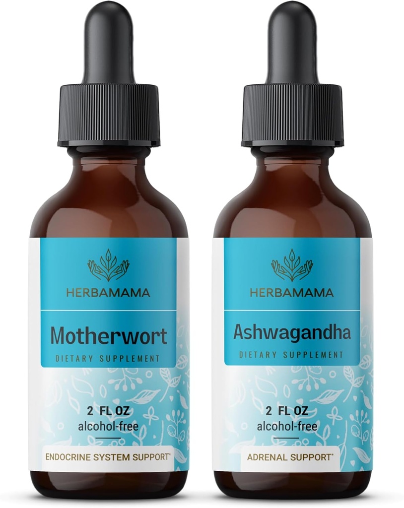 Herbama Herbal Liquid Drops Kit - Bundle of Motherwort Extract & Ashwagandha Βάμμα 2 fl oz - Vegan, Non-GMO, Sugar & Alcohol-Free - 2 Pack