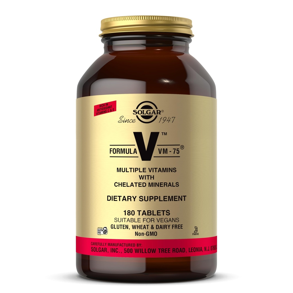 Solgar Formula VM- 75, 180 Δισκία - Πολυβιταμίνη με Χηλικά Ορυκτά - Βιταμίνη A, B6, B12, C, D, E - Βιοτίνη, Μαγνήσιο, Ασβέστιο, Σίδηρος, Ψευδάργυρος - Vegan, Χωρίς γλουτένη, Γαλακτοκομικά, Kosher - 180 Μερίδες