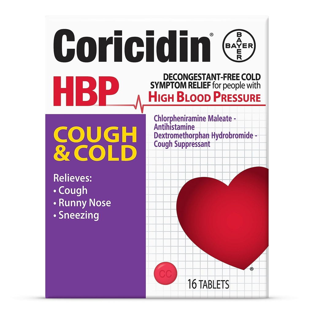Coricidin HBP Αποσυμφορητική-ελεύθερος βήχας και ψυχρή ιατρική - ειδικά σχεδιασμένο ανακούφιση για την υψηλή αρτηριακή πίεση, βήχα, Runny μύτη, φτάρνισμα και κρύα συμπτώματα (16 κόμης)
