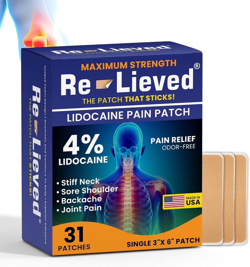 Re-Lived 4% Lidocaine Patches Μέγιστη δύναμη - Αλουμίνιο-ελεύθερο, Αδιάβροχο και ΗΠΑ Κατασκευασμένο -Superior Sticking Pain Relief Patches Ανακουφίζει γρήγορα πίσω, αρθρώσεις και μυϊκό πόνο-3x6 Inches (31 κόμης)