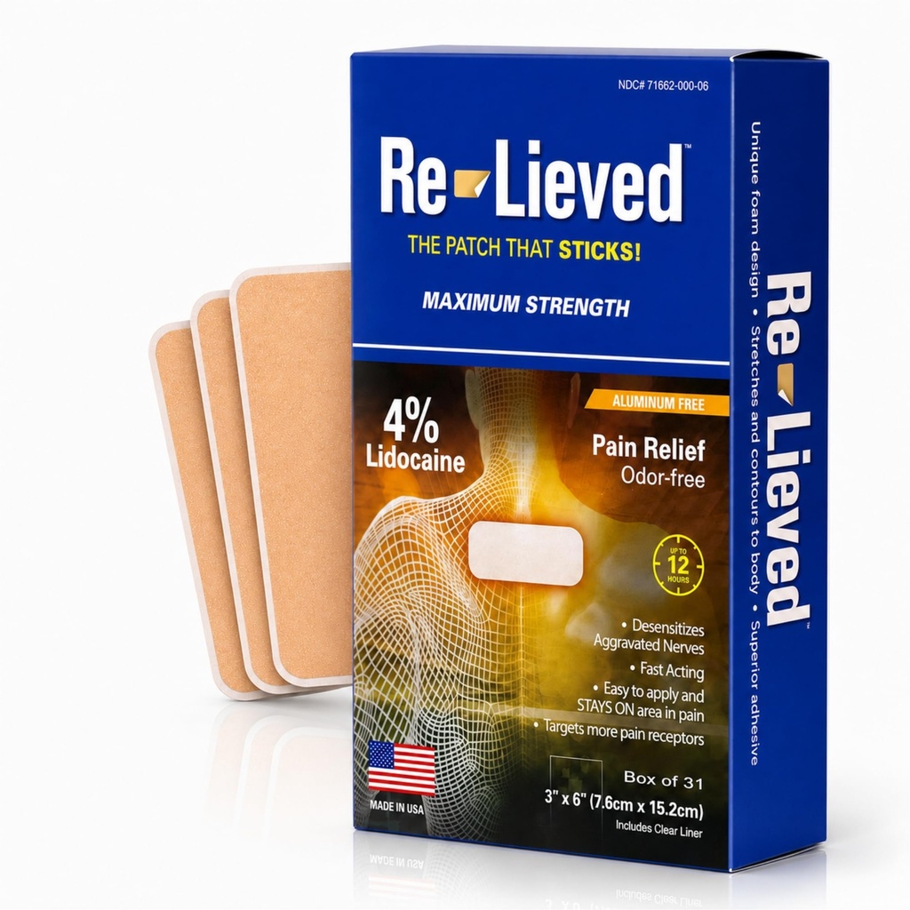 Re-Lived 4% Lidocaine Patches Μέγιστη δύναμη - Αλουμίνιο-ελεύθερο, Αδιάβροχο και ΗΠΑ Κατασκευασμένο -Superior Sticking Pain Relief Patches Ανακουφίζει γρήγορα πίσω, αρθρώσεις και μυϊκό πόνο-3x6 Inches (31 κόμης)