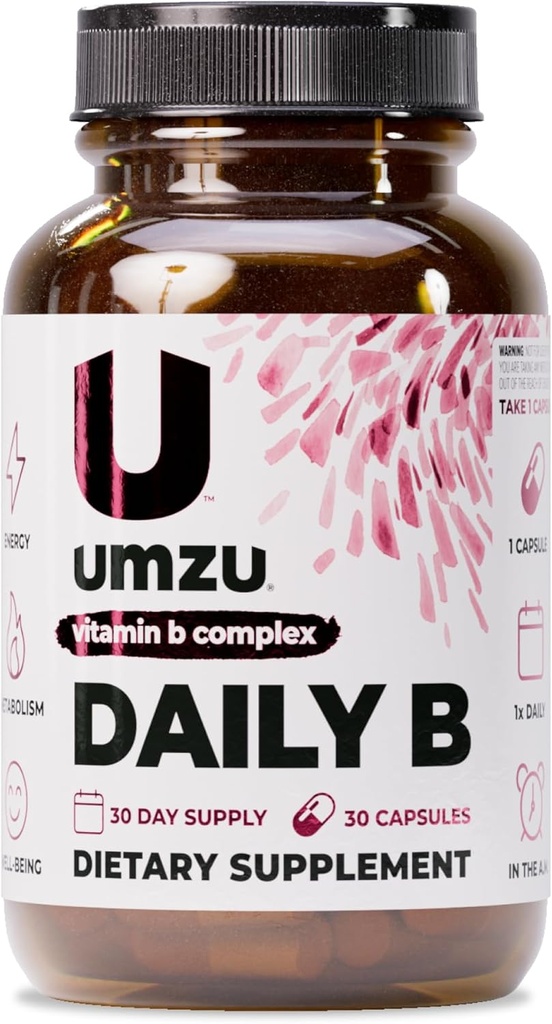 UMZU Daily B | 100% Complete Vitamin B Complex with B1, B2, B3, B5, B6, B7, B9 & B12 with Folic Acid | Supports Natural Energy Production &Cognitive Function Well (30 Day Supply | 30 Capsules)