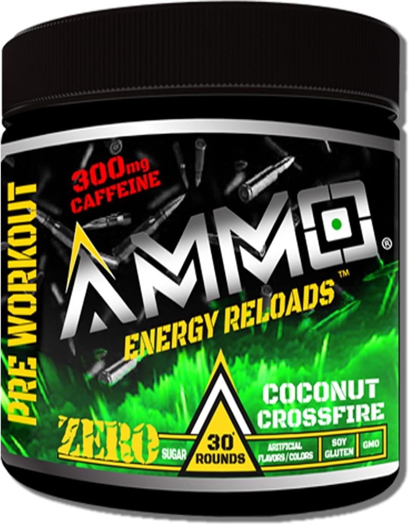 AMMO ® Energy ReloadsTM Pre Workout Powder - 300mg Caffeine Zero Sugar Vital Aminos και Electrolytes Όχι Τεχνητές Γεύσεις ή Χρώματα (Coconut Crossfire)