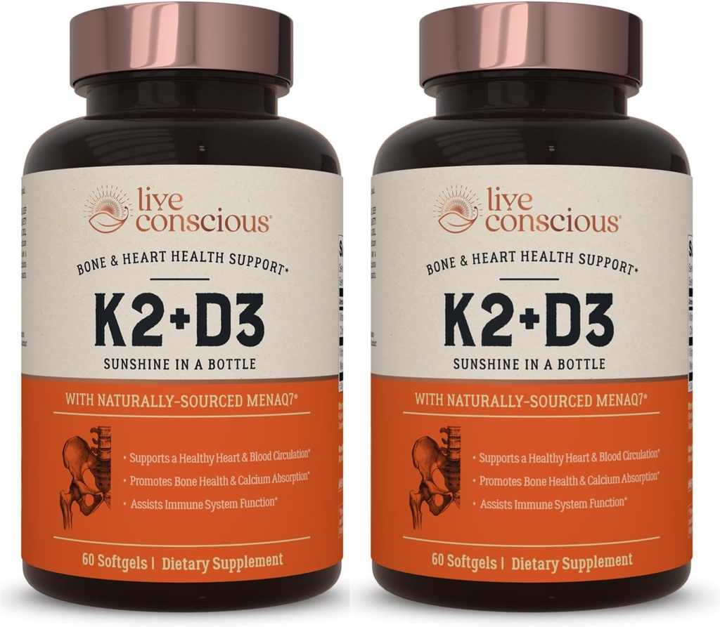 Live Conscious Vitamin K2 MK7 with D3 Supplement | Bone & Heart Health Support - Patented Vitamin K & Vitamin D3 5000 IU (2-Pack)