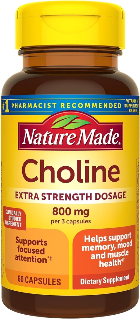 Nature Made Extra Strength Lossion Choline Συμπληρώματα 800 Mg ανά 3 κάψουλες, Εγκεφαλική υγεία, διάθεση, μυών & ήπατος Υποστήριξη, χορτοφάγους, 60 κάψουλες, 20 ημέρες προσφοράς