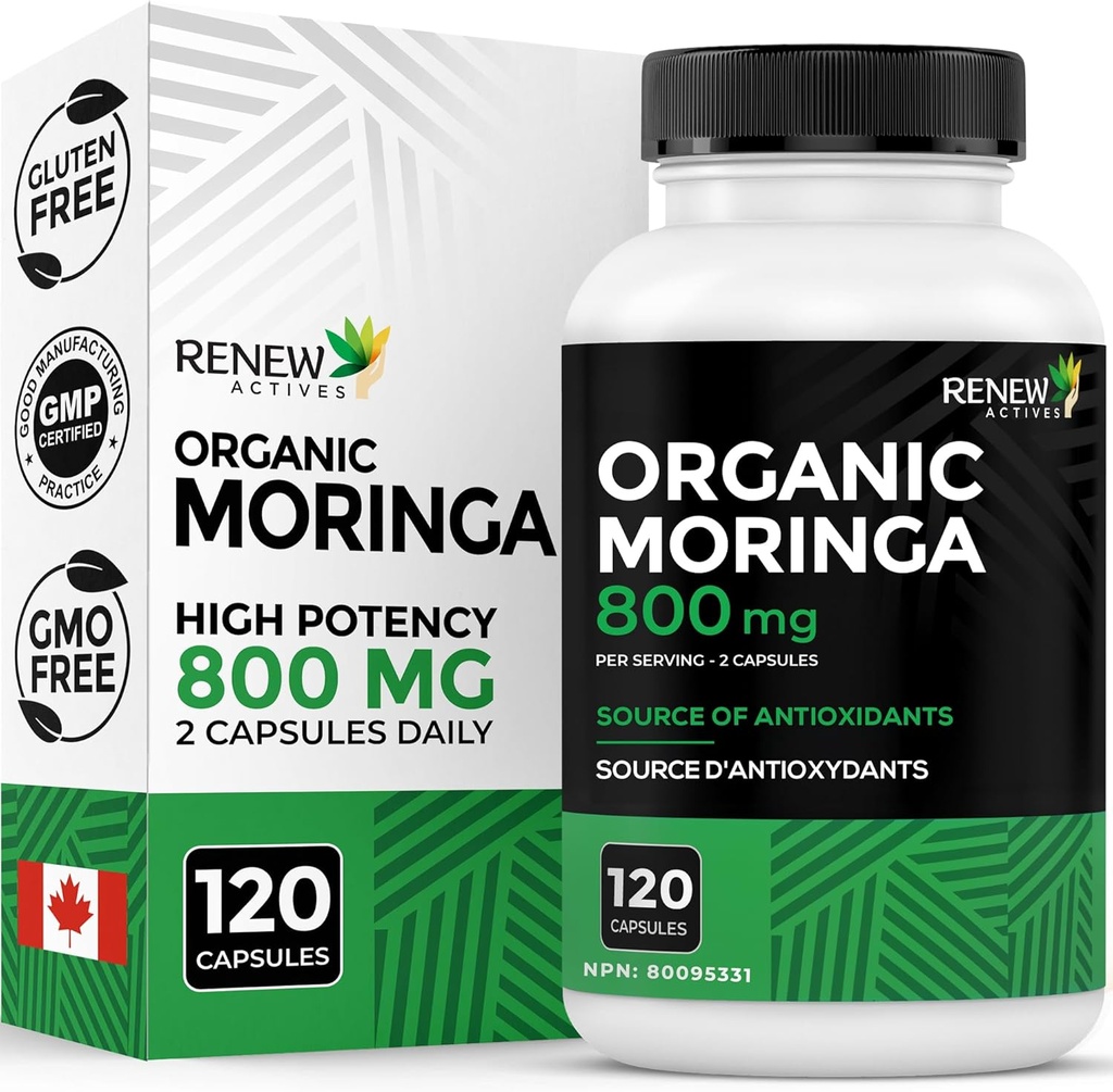 Renew Actives Moringa Leaf Supplement 800MG ανά 2 κάψουλες- Antioxidant-Rich Moringa Oleifera - Προάγει την Καλή Υγεία & Ευεξία - Εύκολη Κατάποση - Κατασκευάζεται στον Καναδά - 120 κάψουλες