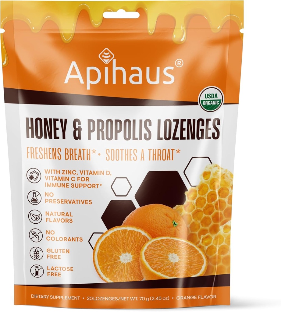 Honey and Propolis Lozenges Orange Flavor, Freshens Breath - Soothes a Throat- Immune Support with Vitamin C, Vitamin D and Zinc, 20 Count