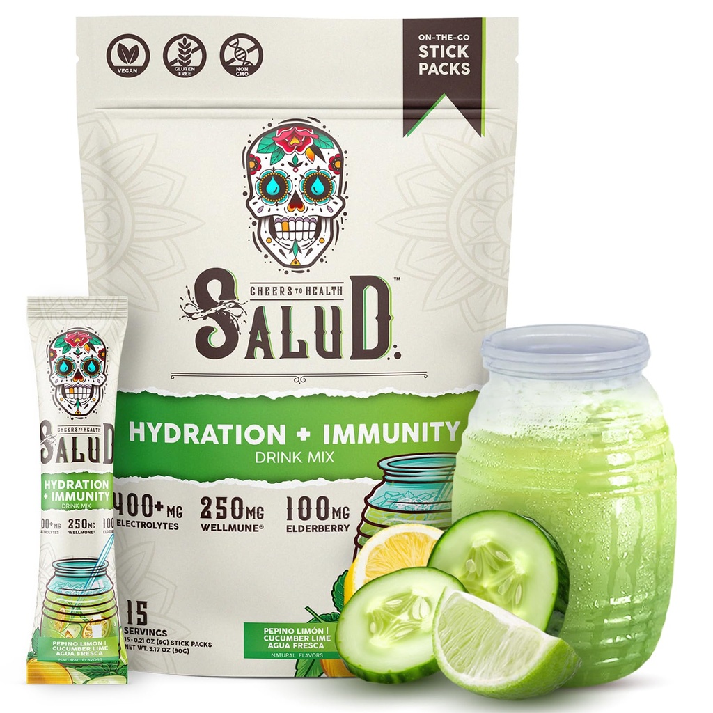 Salud 2-in-1 Hydration Packets + Ανοσία Ηλεκτρολυτές σκόνη, Αγγούρι Lime - Agua Fresca Drink Mix, Elderberry, Γαλακτοκομικά & Σόγια Δωρεάν, Μη Γλουτένη, Vegan, Χαμηλή θερμίδα, 1g Ζάχαρη (15 Σερβιέτες)