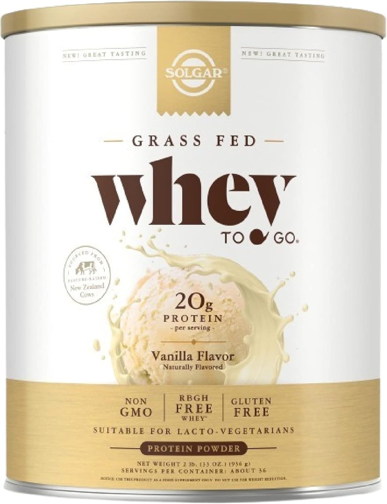 Solgar Grass Fed Whey to Go, Βανίλια - 2 lb - Grass-Fed Whey Protein Powder - rBGH Free, μη-GMO, Gluten Free - 36 Σερβιέτες
