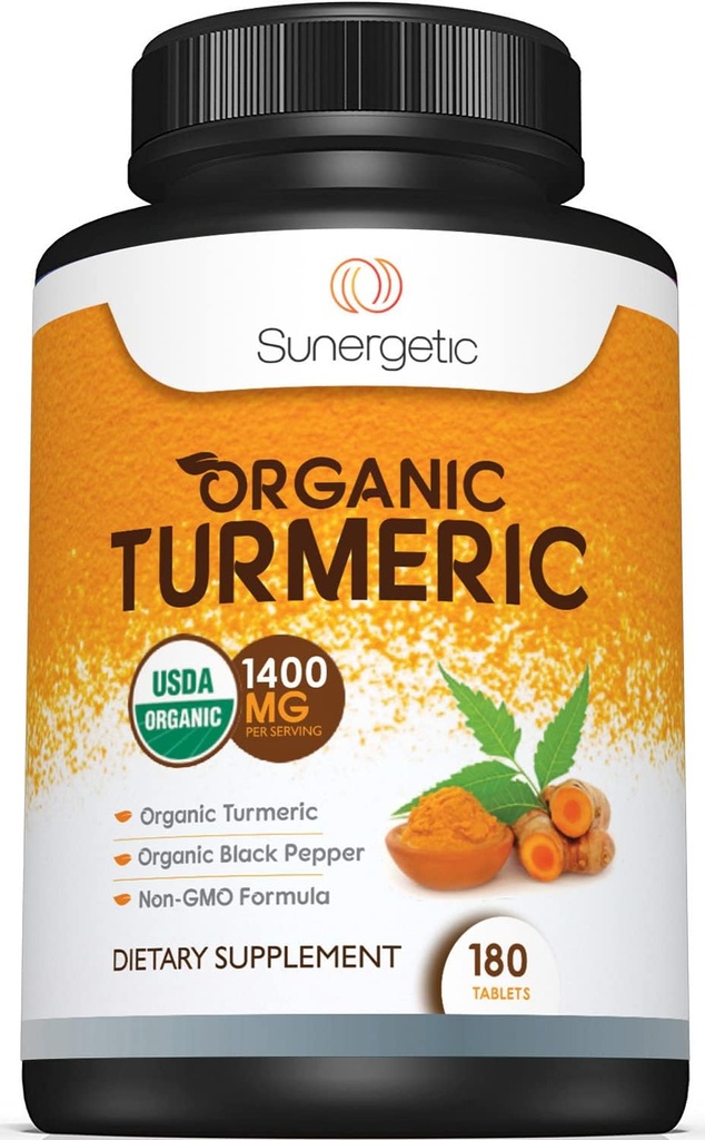 Sunergetic USDA Certified Organic Turmeric Supplement – Περιλαμβάνει Βιολογικό Κουρκουμάς & Βιολογικό Μαύρο Πιπέρι – 1.400mg Κουρκουμάς ανά Σερβίρισμα - 180 Count (Pack of 1)