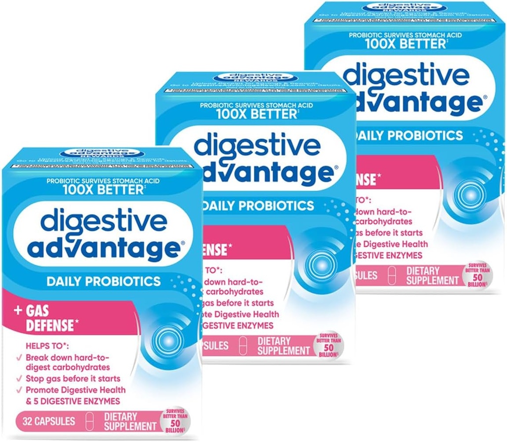 Digestive Πλεονέκτημα Γρήγορης Δράσης Ένζυμα + Καθημερινή Προβιοτική Πρόληψη Αερίου & Διακοπή Τροφίμων Σωματίδια 32 Κάψουλες Κόμης (3 Συσκευασία)