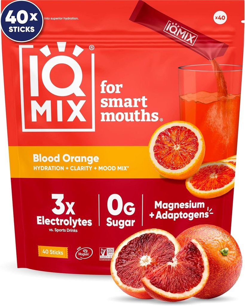 IQMIX Hydration Electrolyte Powder – 4-σε-1 Formula for Hydration, Mental Clarity, Mood and Recovery – Μείγμα ποτού χωρίς ζάχαρη, Keto, Magnesium L-Threonate, Mane Lion’s 40 Count Blood Orange