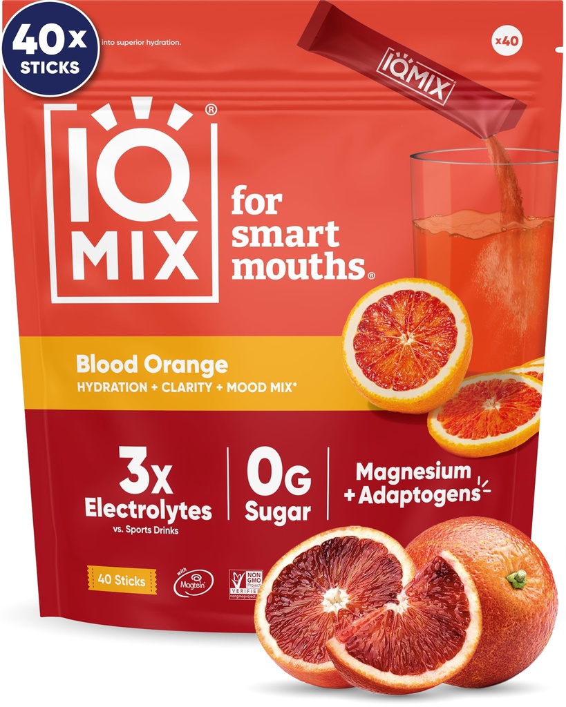 IQMIX Hydration Electrolyte Powder – 4-σε-1 Formula for Hydration, Mental Clarity, Mood and Recovery – Μείγμα ποτού χωρίς ζάχαρη, Keto, Magnesium L-Threonate, Mane Lion’s 40 Count Blood Orange