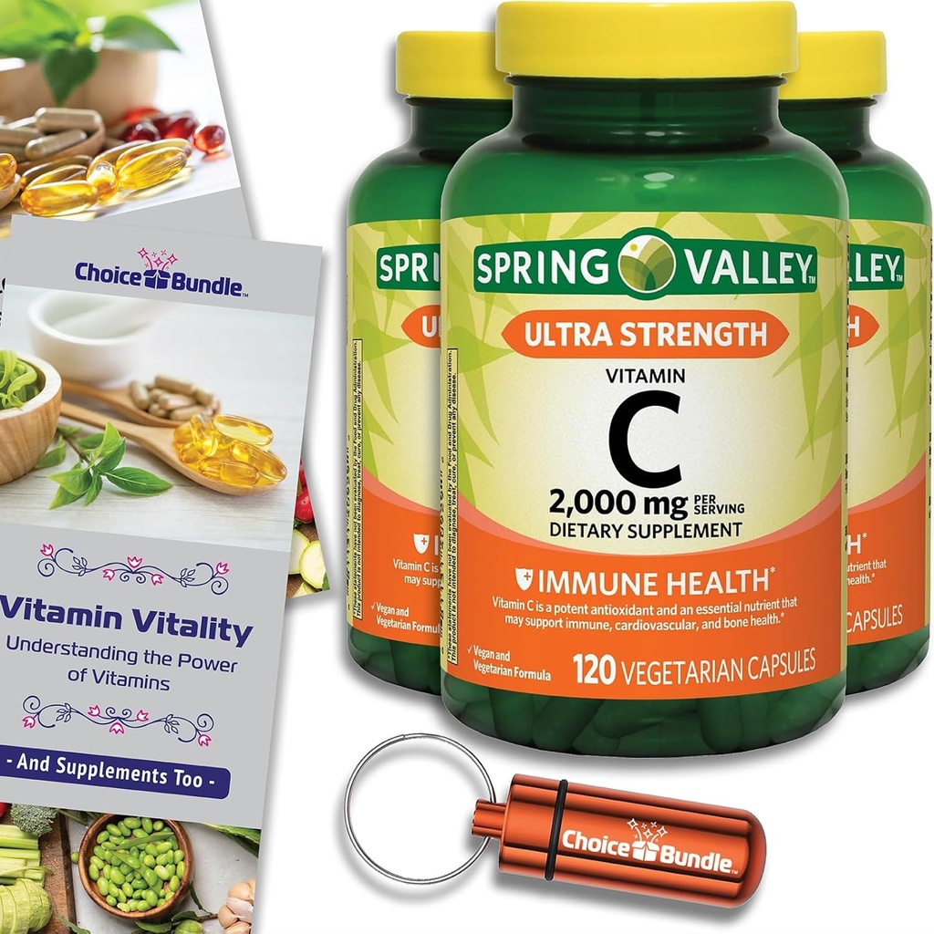 Επιλογή Bundle Spring Valley Ultra Strength Βιταμίνη C Κάψουλες Συμπλήρωμα διατροφής 2.000 mg 120 Ct 3 pk (360 Total) + Βιταμίνη Οδηγός & Χάπια (5 Προϊόντα)!