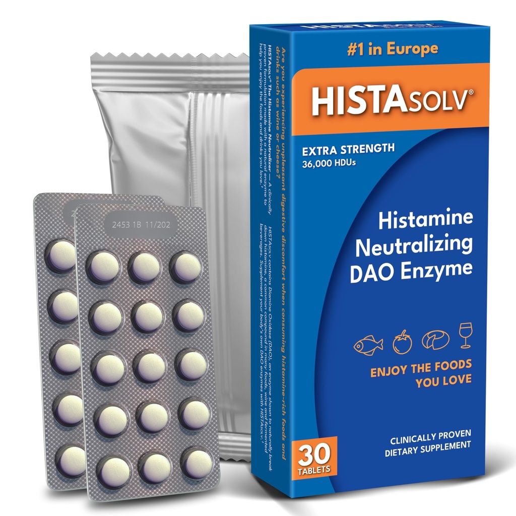 HISTAsolv Extra Strength DAO Enzyme Supplement for Histamine Food Inανεκτικό - Eases Digestive Disfort - Πατενταρισμένη τεχνολογία - Made in Austria - 30 Pack